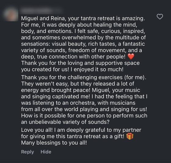 Screenshot: Instagram comment, tantra retreat